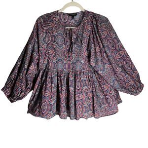 Banana Republic Womens Paisley Boho Peasant Peplum Blouse Balloon Sleeve Size S